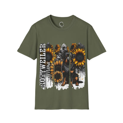Green t-shirt with Rottweiler and sunflower design on a military background
