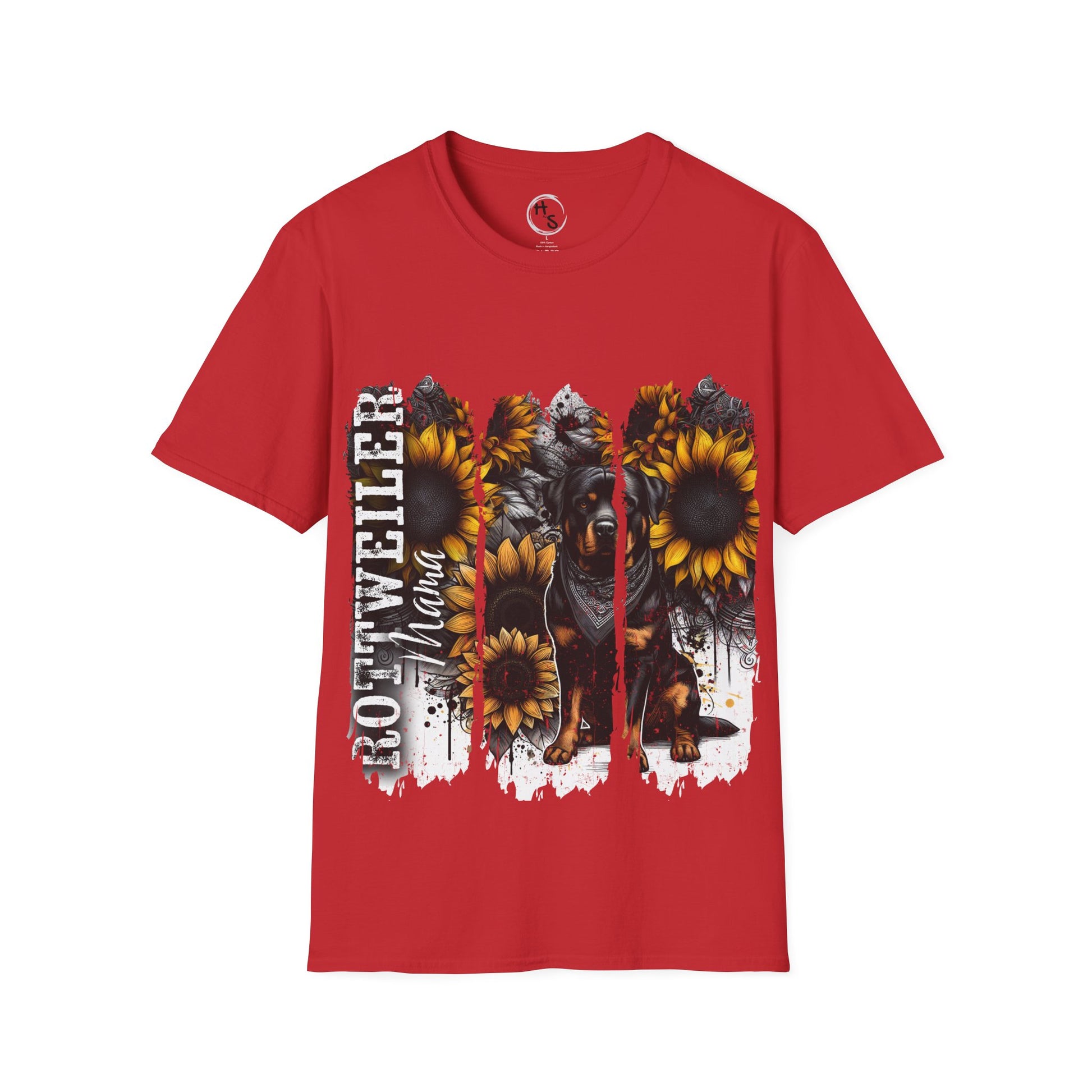 Red t-shirt with Rottweiler and sunflower design on a red background