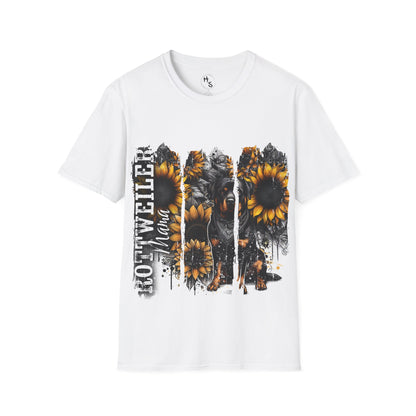 White t-shirt with sunflower graphic design with a Rottweiler on a white background