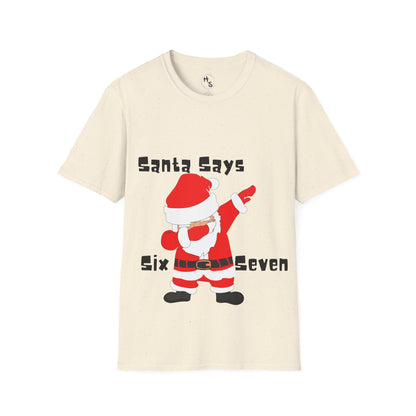 Beige t-shirt with a graphic of Santa Claus and text  'Santa Says Six Seven' 67 on a beige background