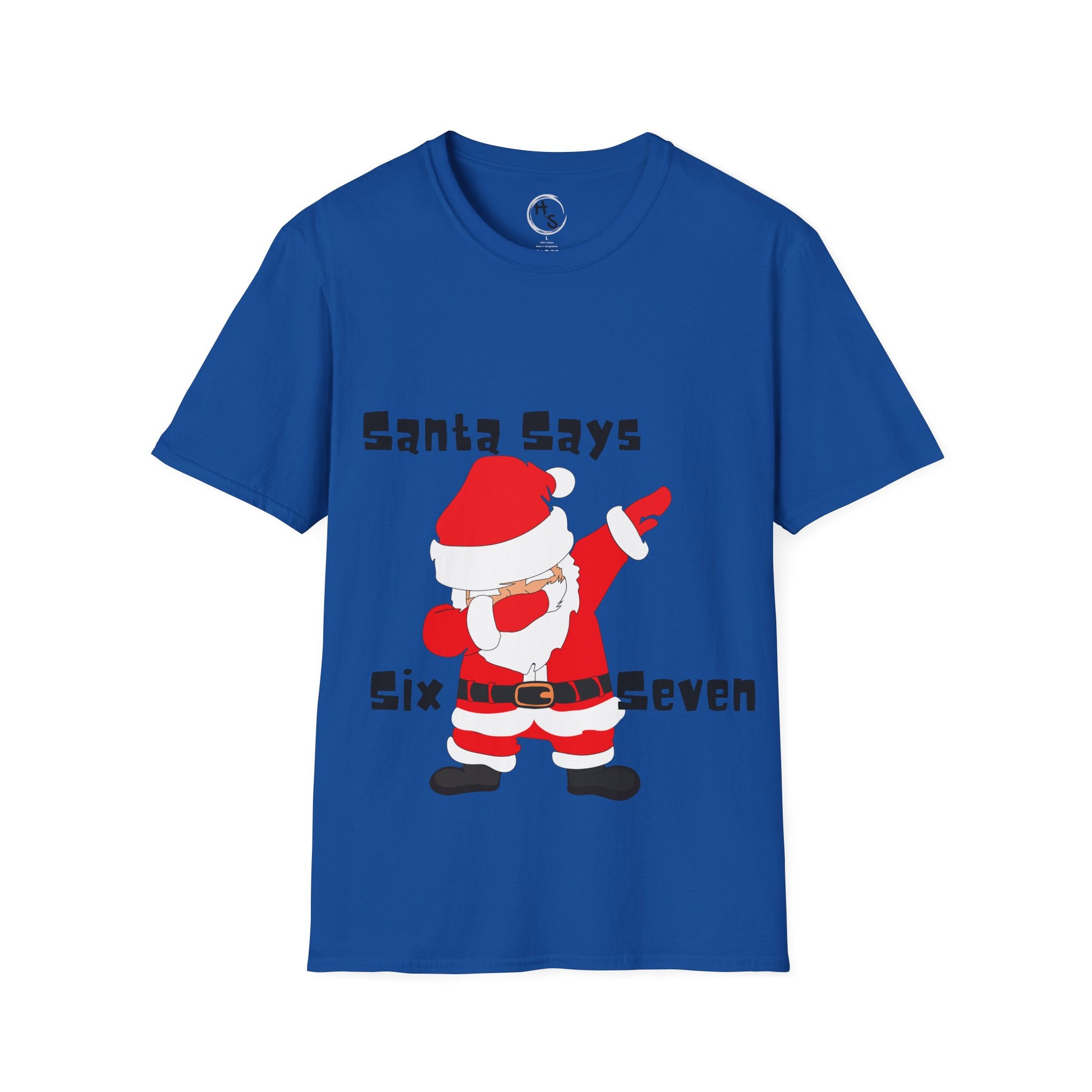 Blue t-shirt with a graphic of Santa Claus dabbing and text 'Santa Says Six Seven' 67 on a blue background