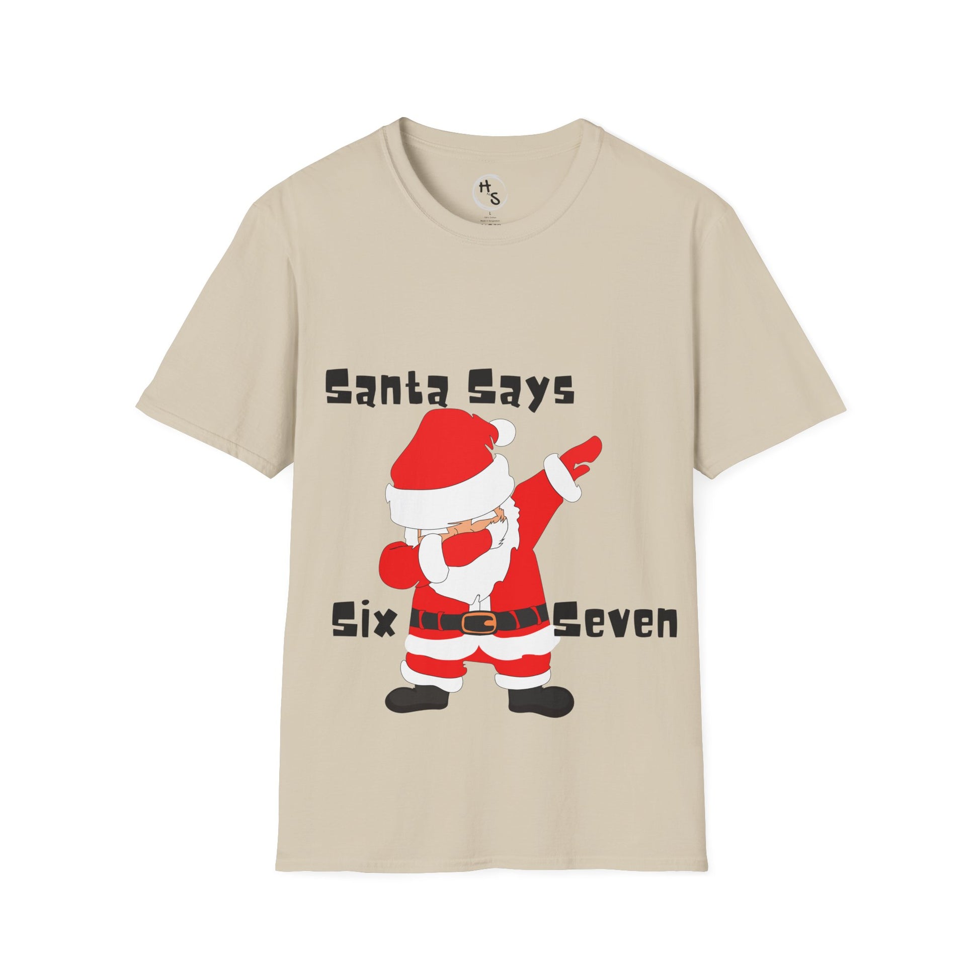 Beige t-shirt with a graphic of Santa Claus and text 'Santa Says Six Seven' on a sand background