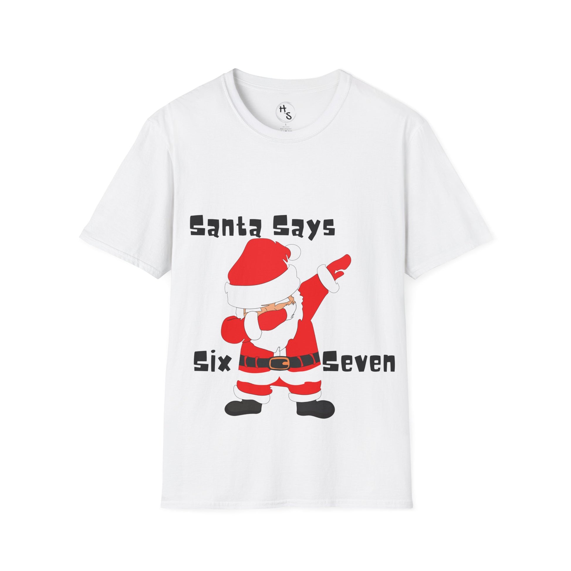 White t-shirt with a graphic of Santa Claus and 67 text on a white background