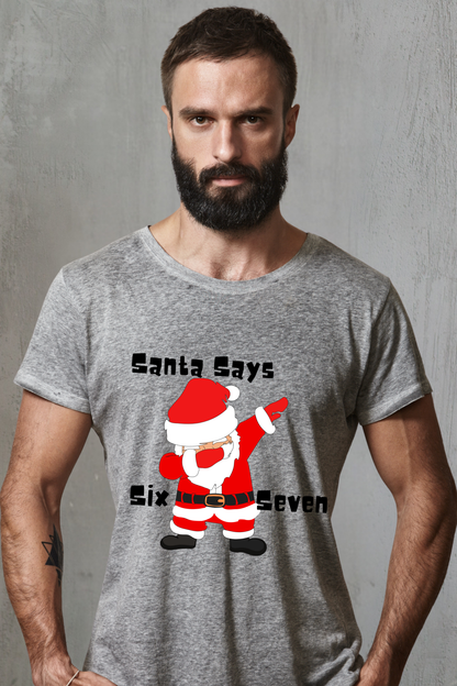 Man wearing a gray t-shirt with a 67 Santa Claus graphic and text against a gray background