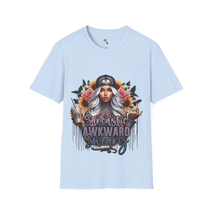 Light blue t-shirt with a graphic design of a woman with flowers and text on a white background