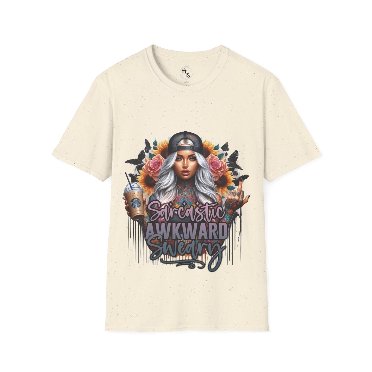 Beige t-shirt with a graphic design of a person with flowers and text on a white background