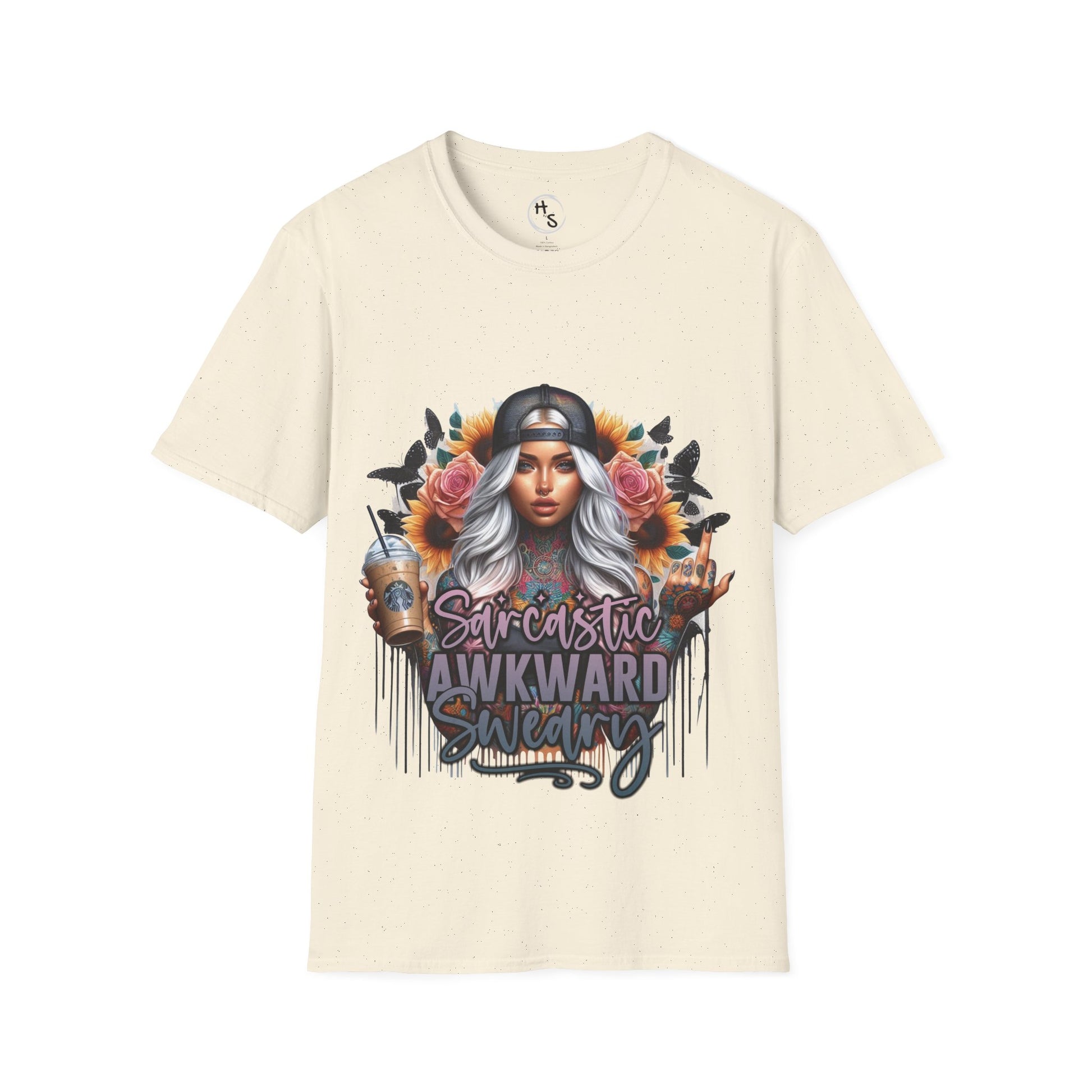 Beige t-shirt with a graphic design of a person with flowers and text on a white background