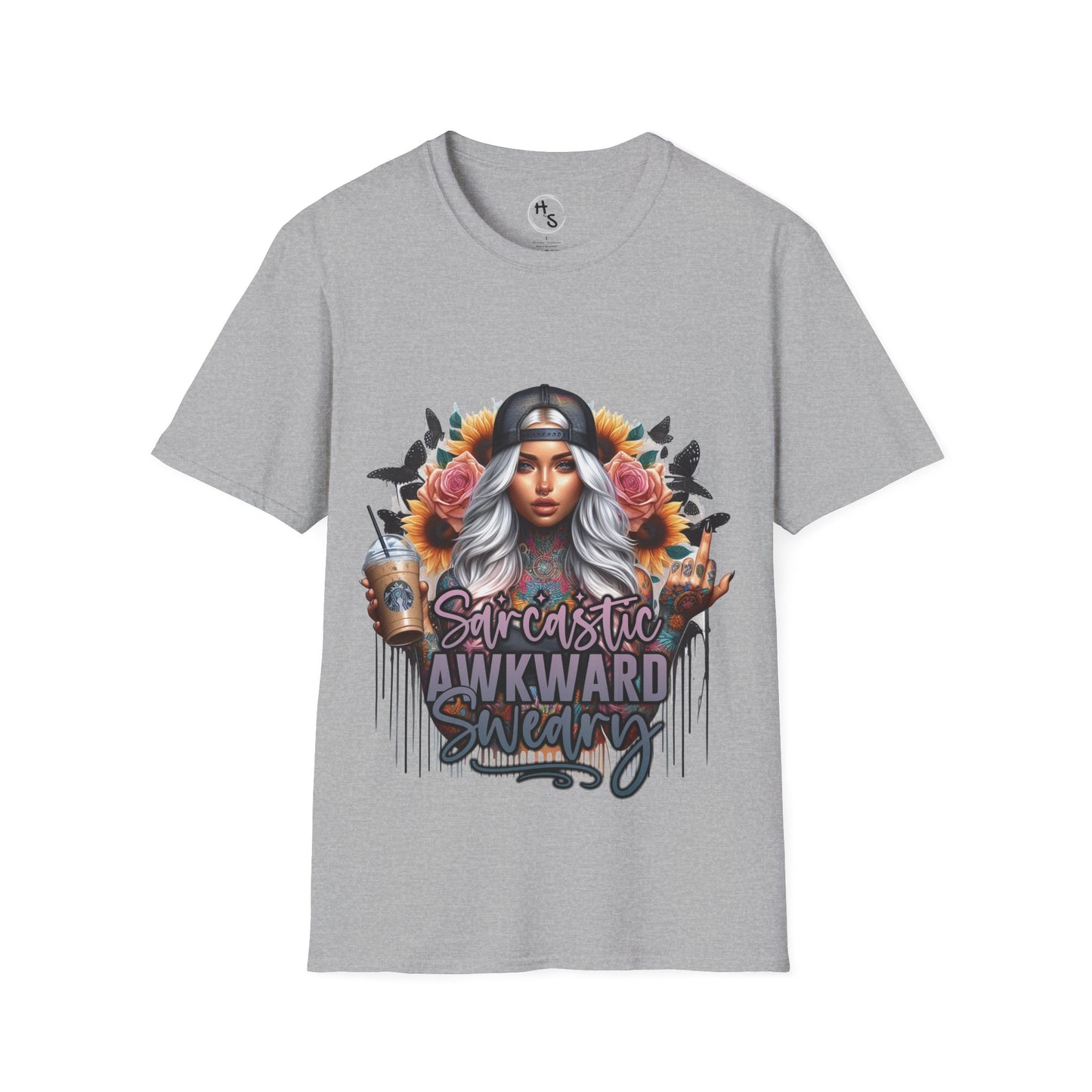 Gray t-shirt with a graphic design of a woman holding a coffee cup on a white background