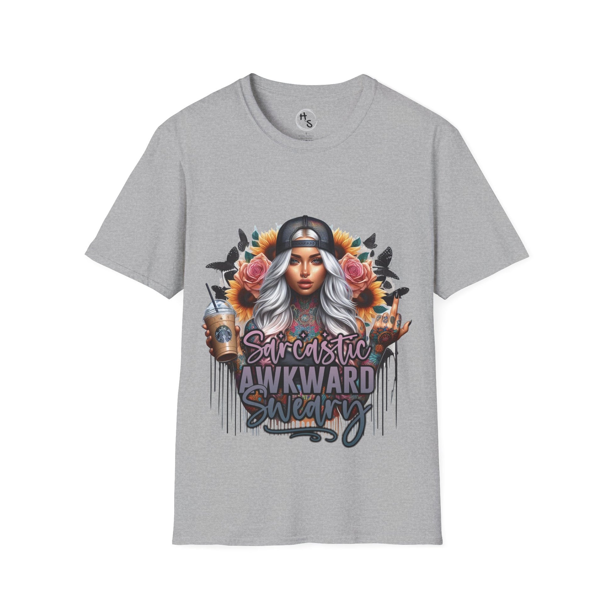 Gray t-shirt with a graphic design of a woman holding a coffee cup on a white background