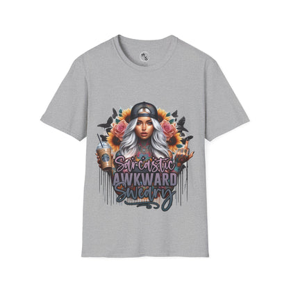 Gray t-shirt with a graphic design of a woman holding a coffee cup on a white background