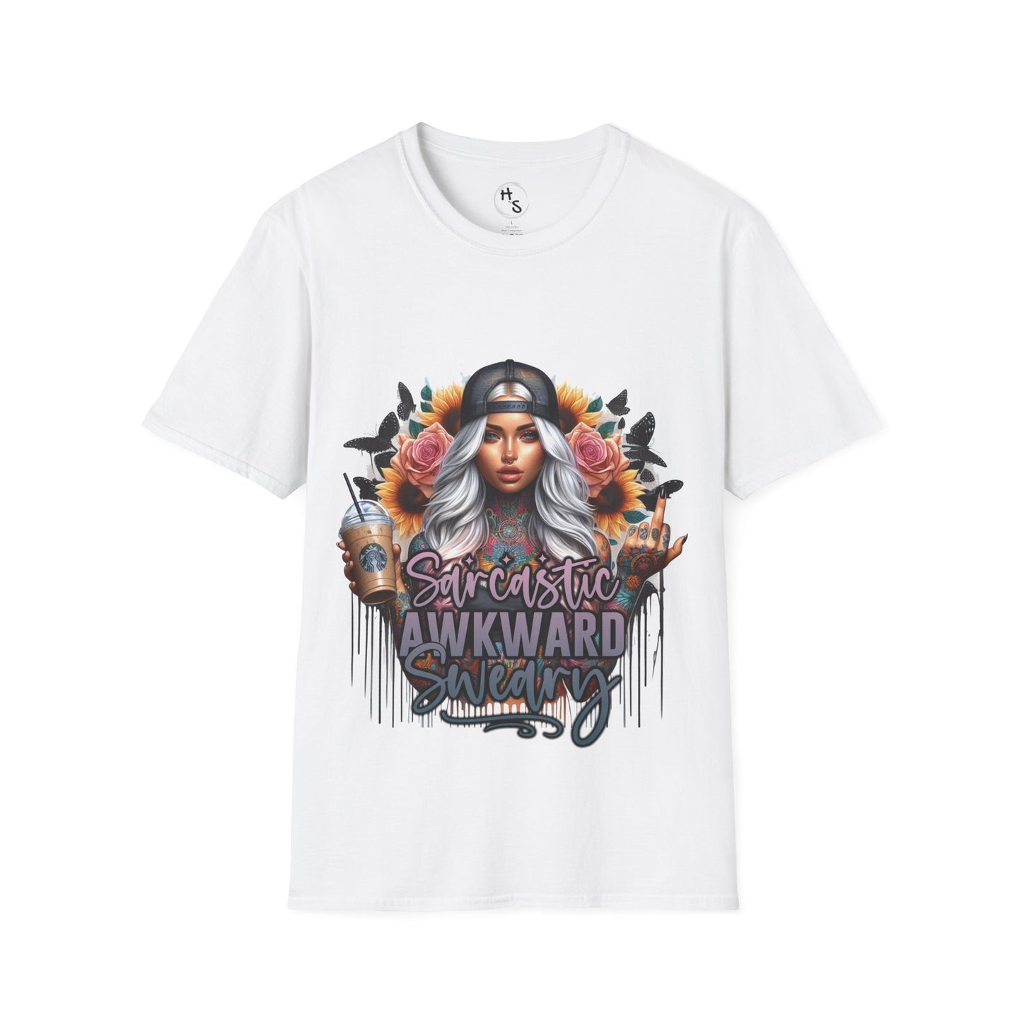 White t-shirt with a graphic design of a woman with flowers and text on a white background