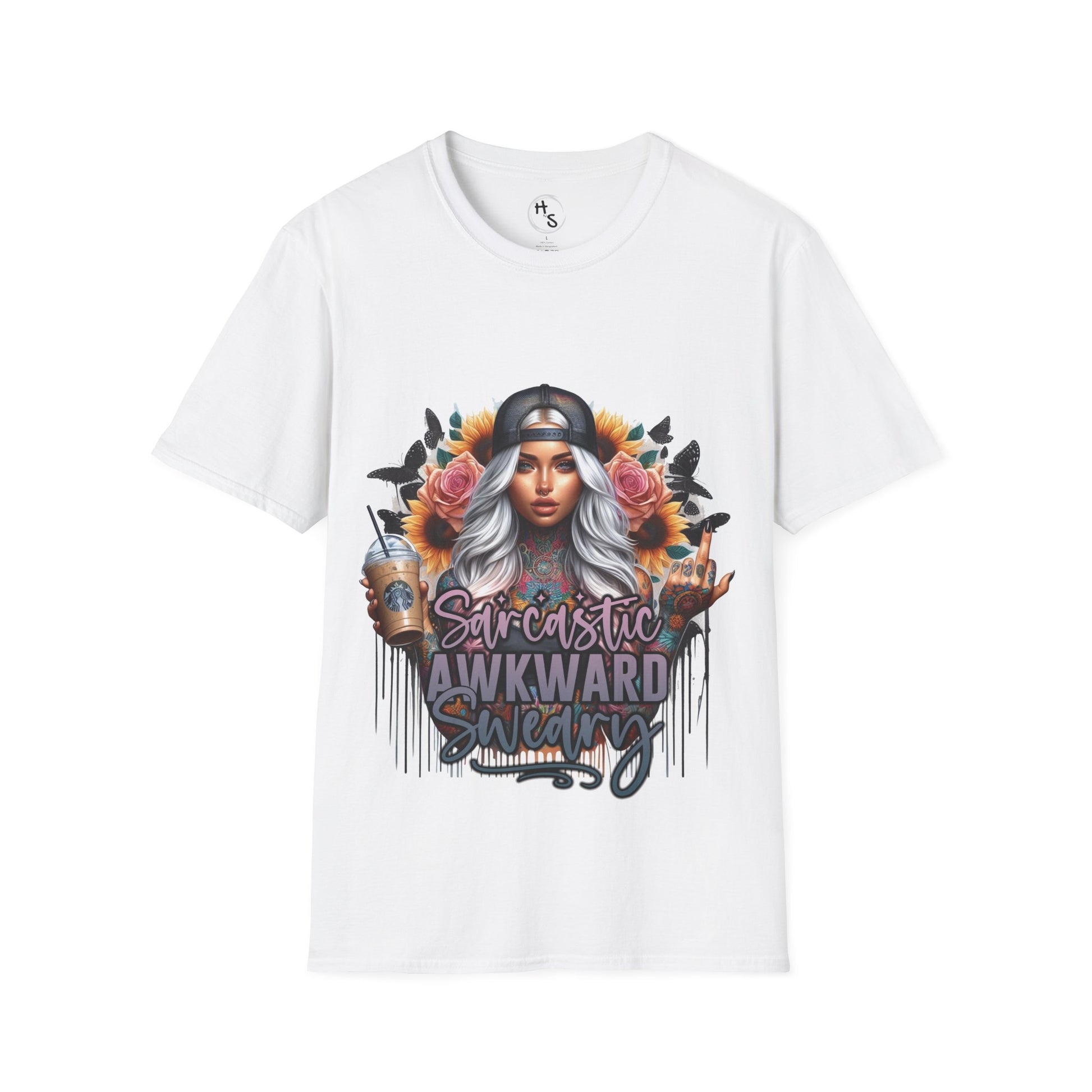 White t-shirt with a graphic design of a woman with flowers and text on a white background