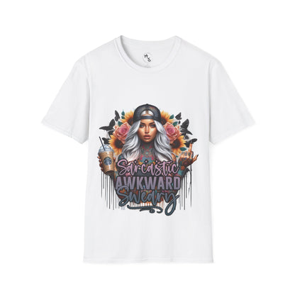 White t-shirt with a graphic design of a woman with flowers and text on a white background