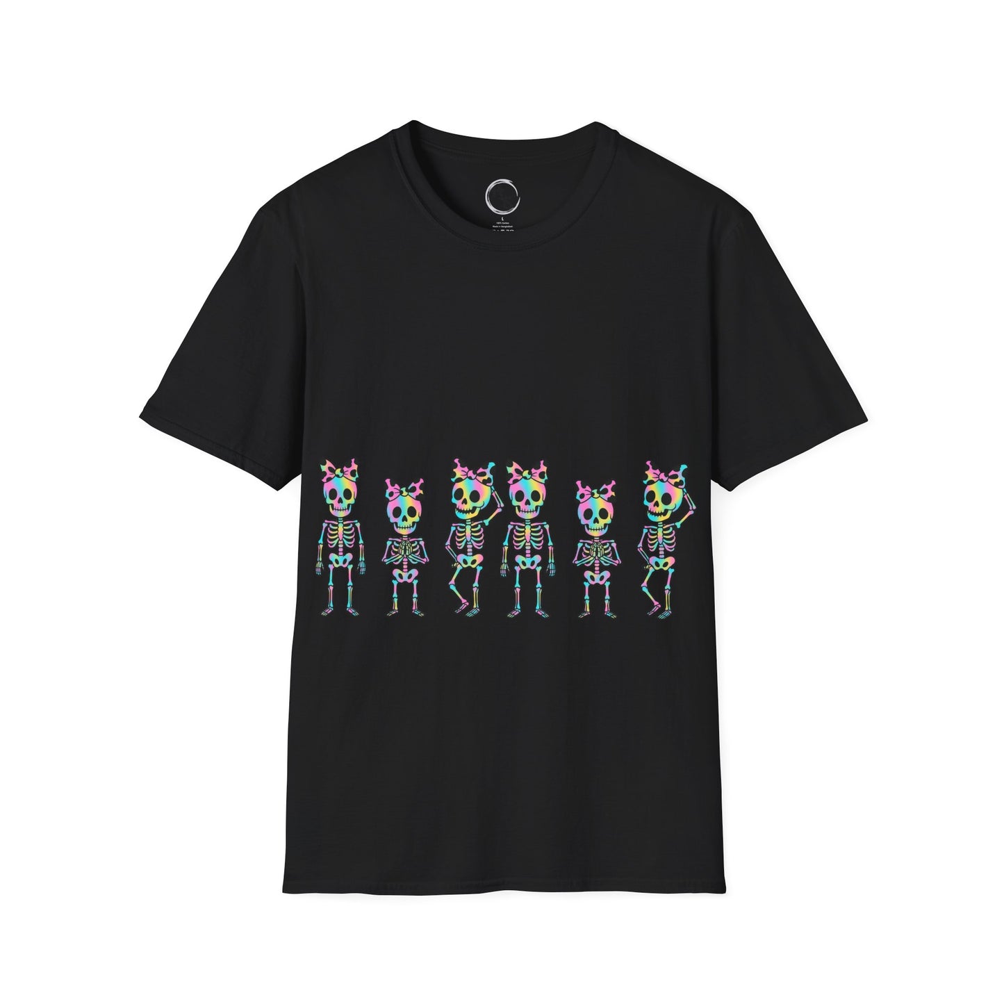 Black t-shirt with colorful skeleton design on a black background