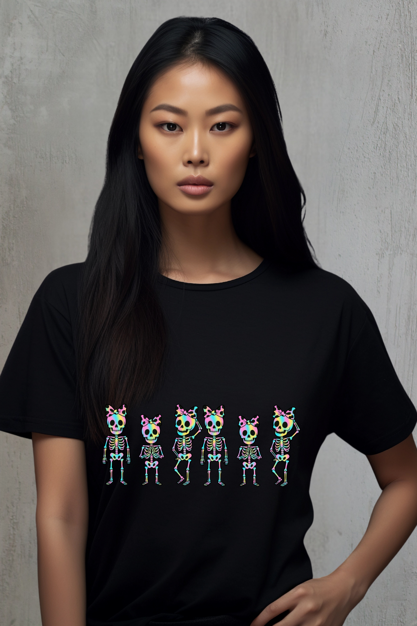 Woman wearing a black t-shirt with colorful skeleton designs on a black background