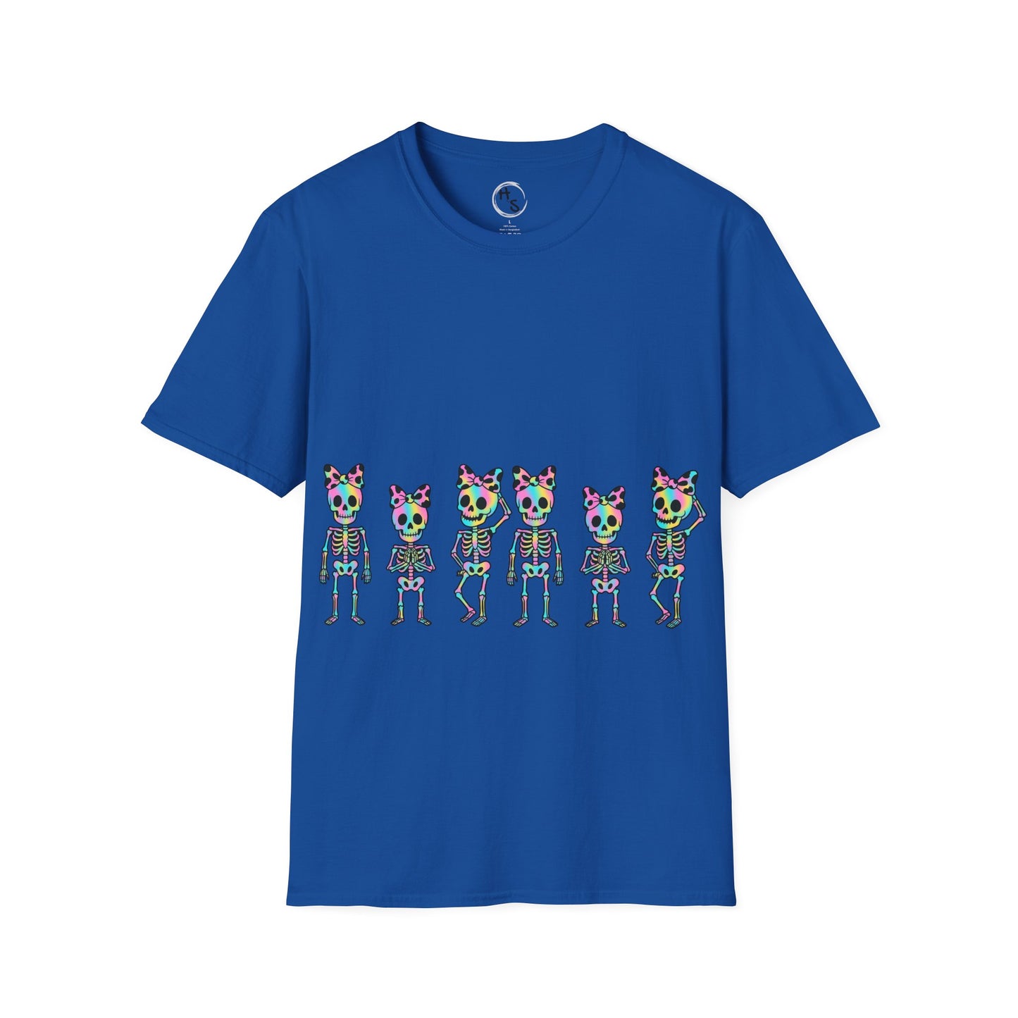 Blue t-shirt with colorful skeleton design on a blue background