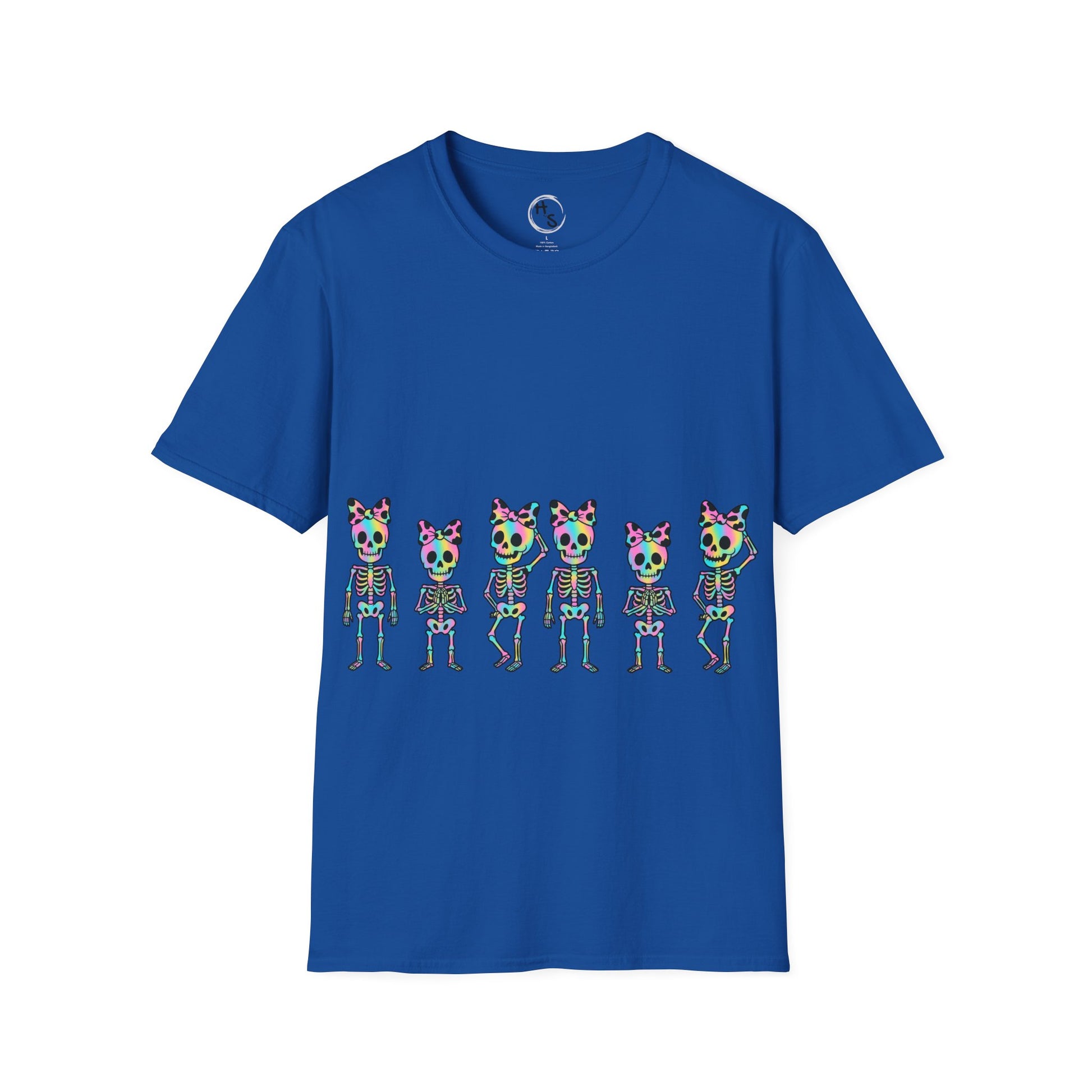 Blue t-shirt with colorful skeleton design on a blue background