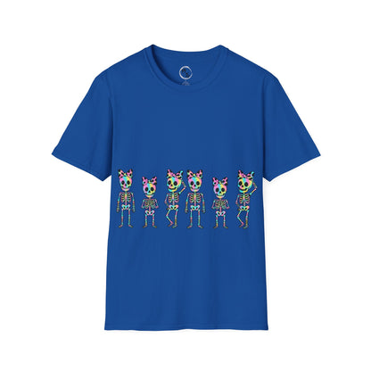 Blue t-shirt with colorful skeleton design on a blue background