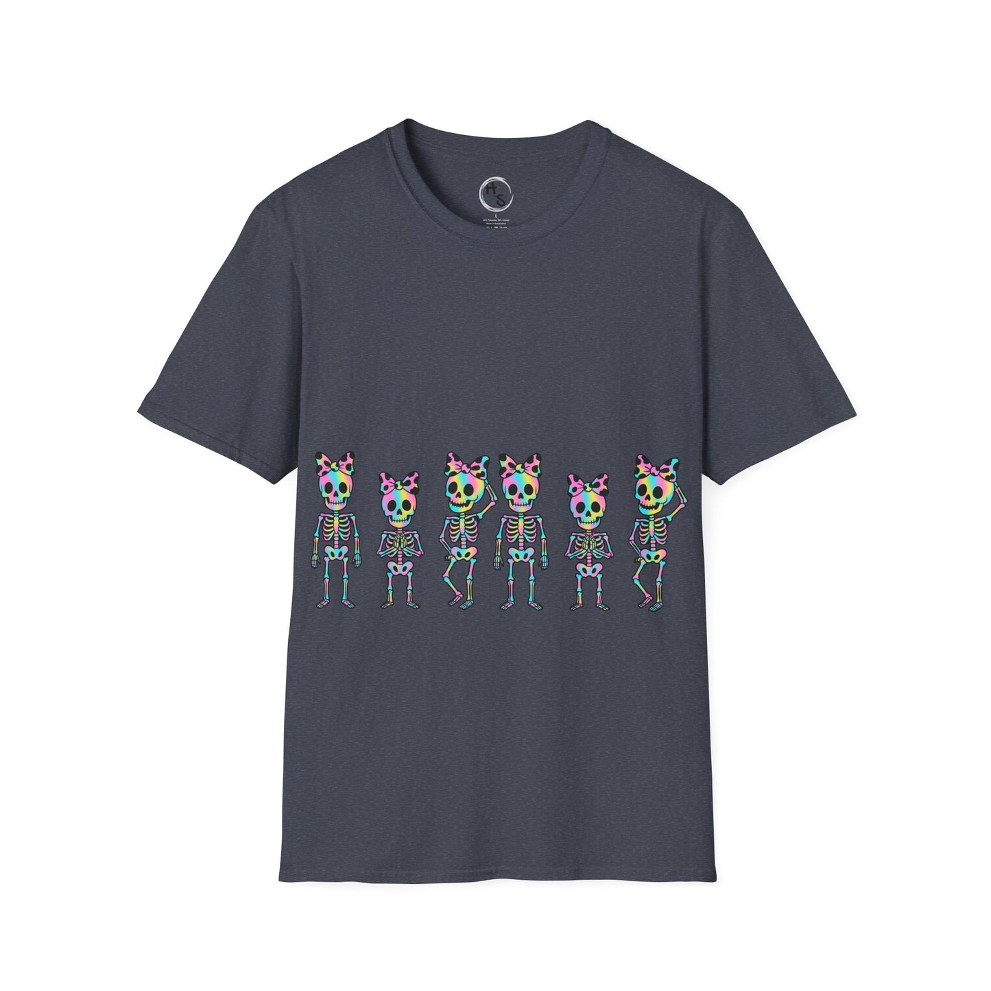 Gray t-shirt with colorful skeleton design on a dark grey background