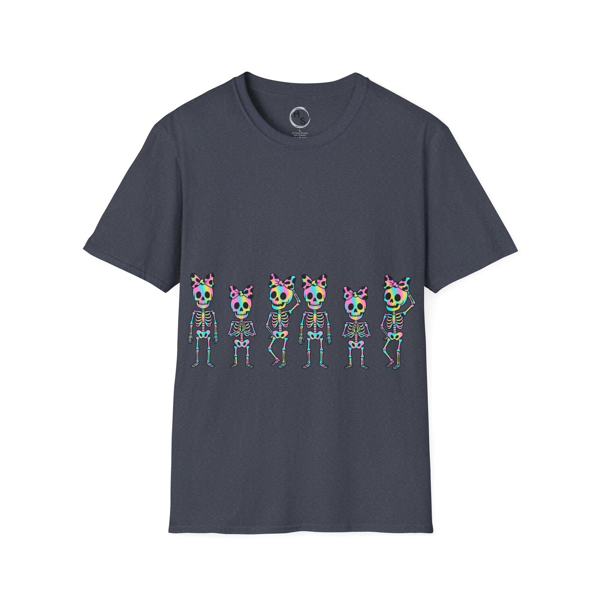 Gray t-shirt with colorful skeleton design on a dark grey background