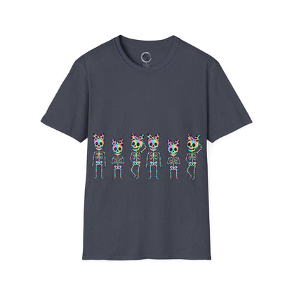 Gray t-shirt with colorful skeleton design on a dark grey background
