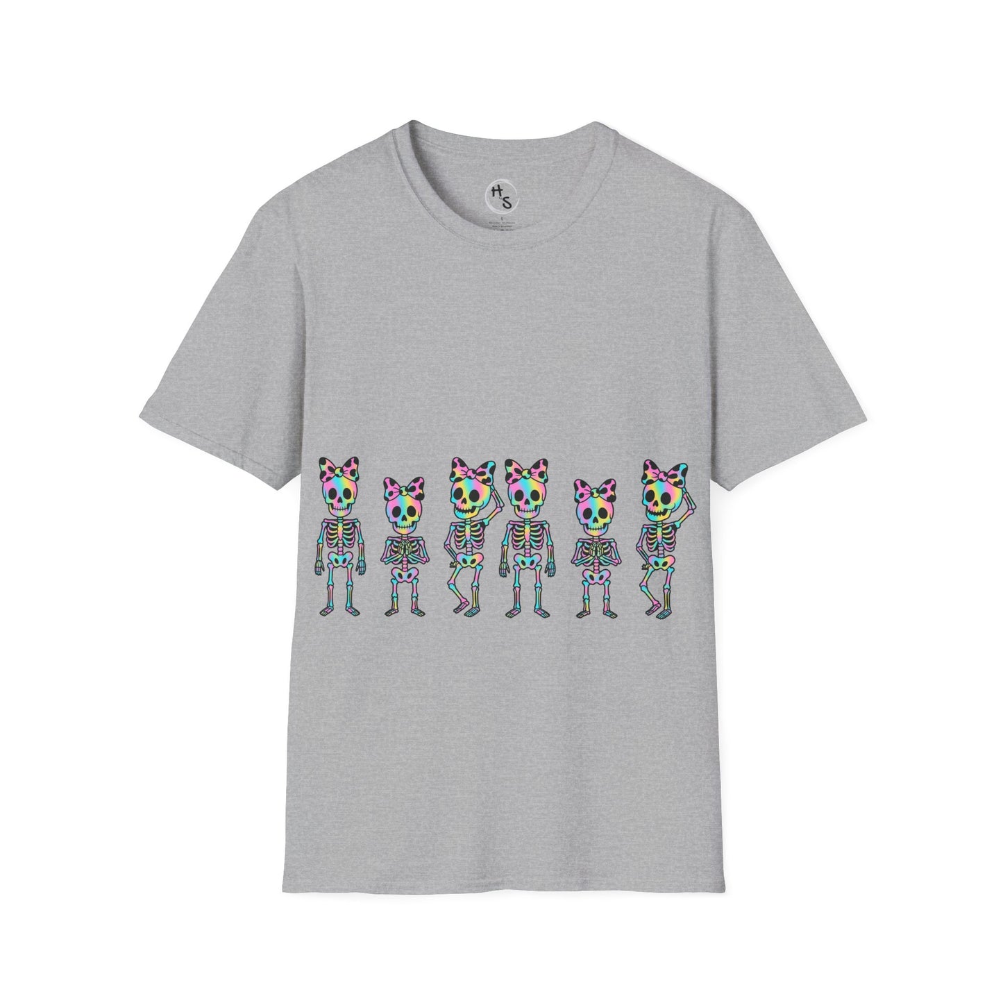 Gray t-shirt with colorful skeleton design on a grey background