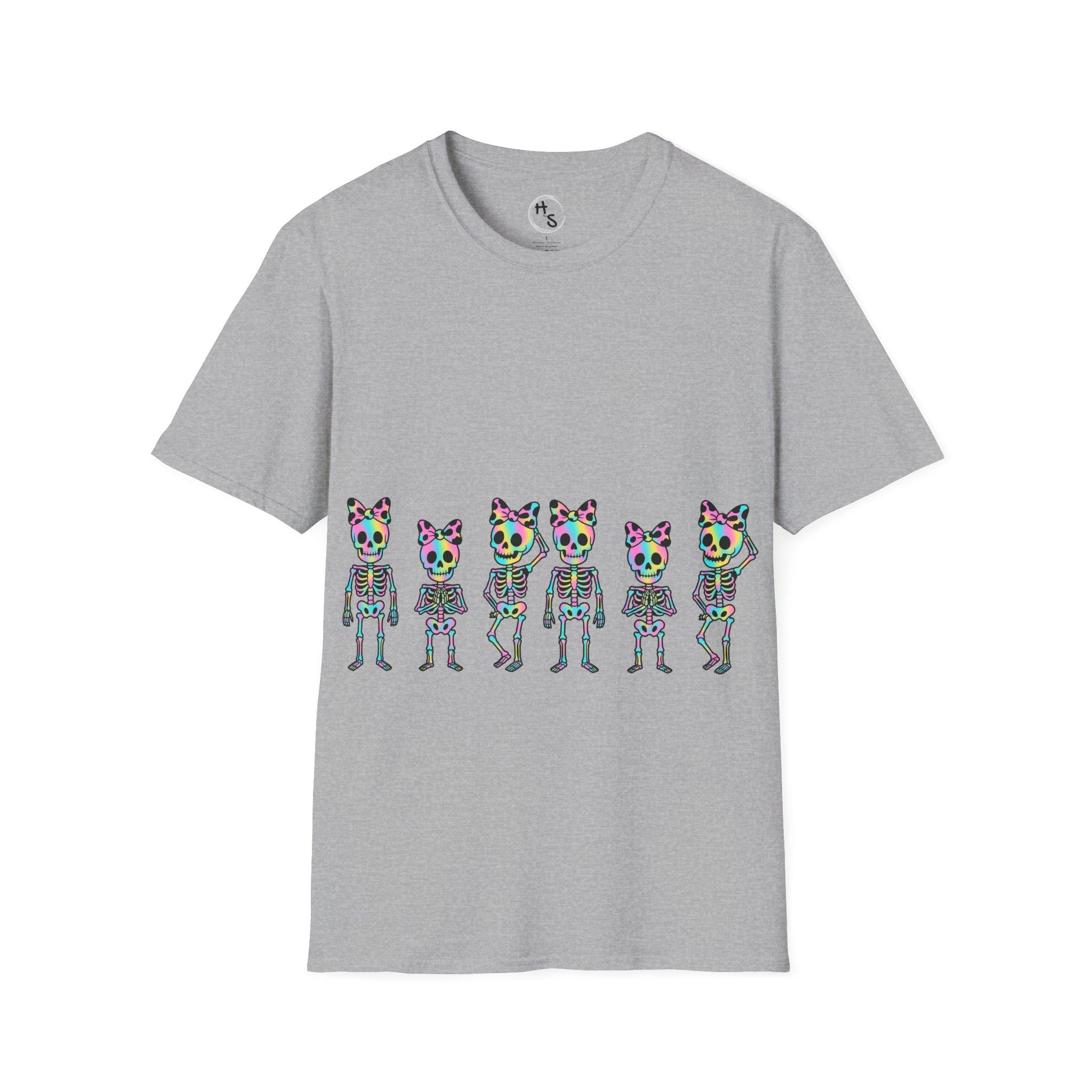 Gray t-shirt with colorful skeleton design on a grey background