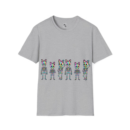 Gray t-shirt with colorful skeleton design on a grey background