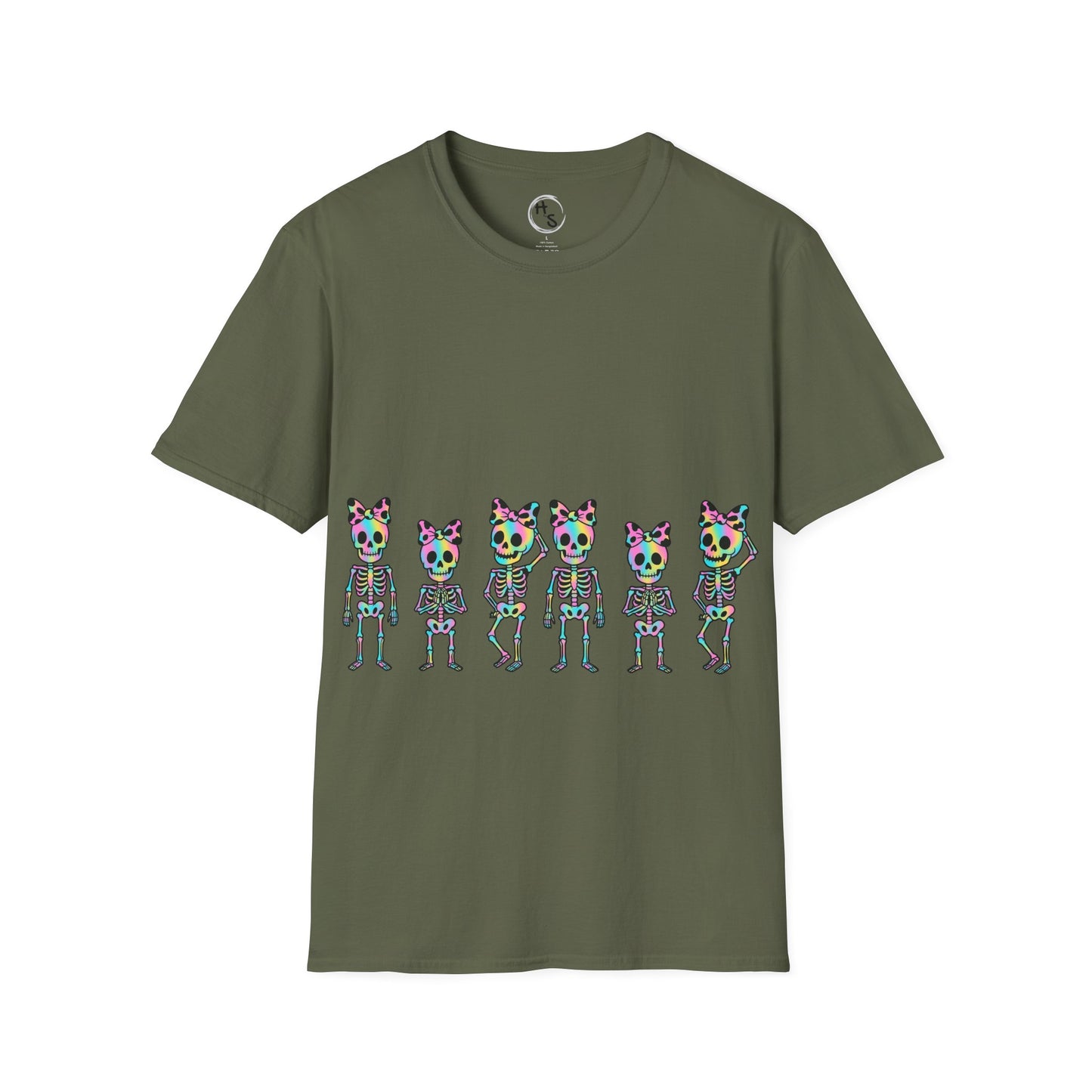 Green t-shirt with colorful skeleton design on a military green background