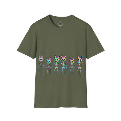 Green t-shirt with colorful skeleton design on a military green background