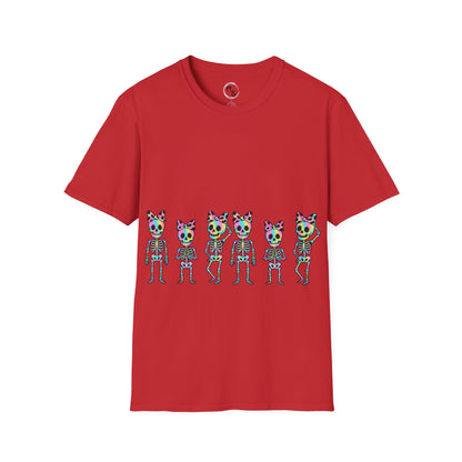 Red t-shirt with colorful skeleton design on a red background