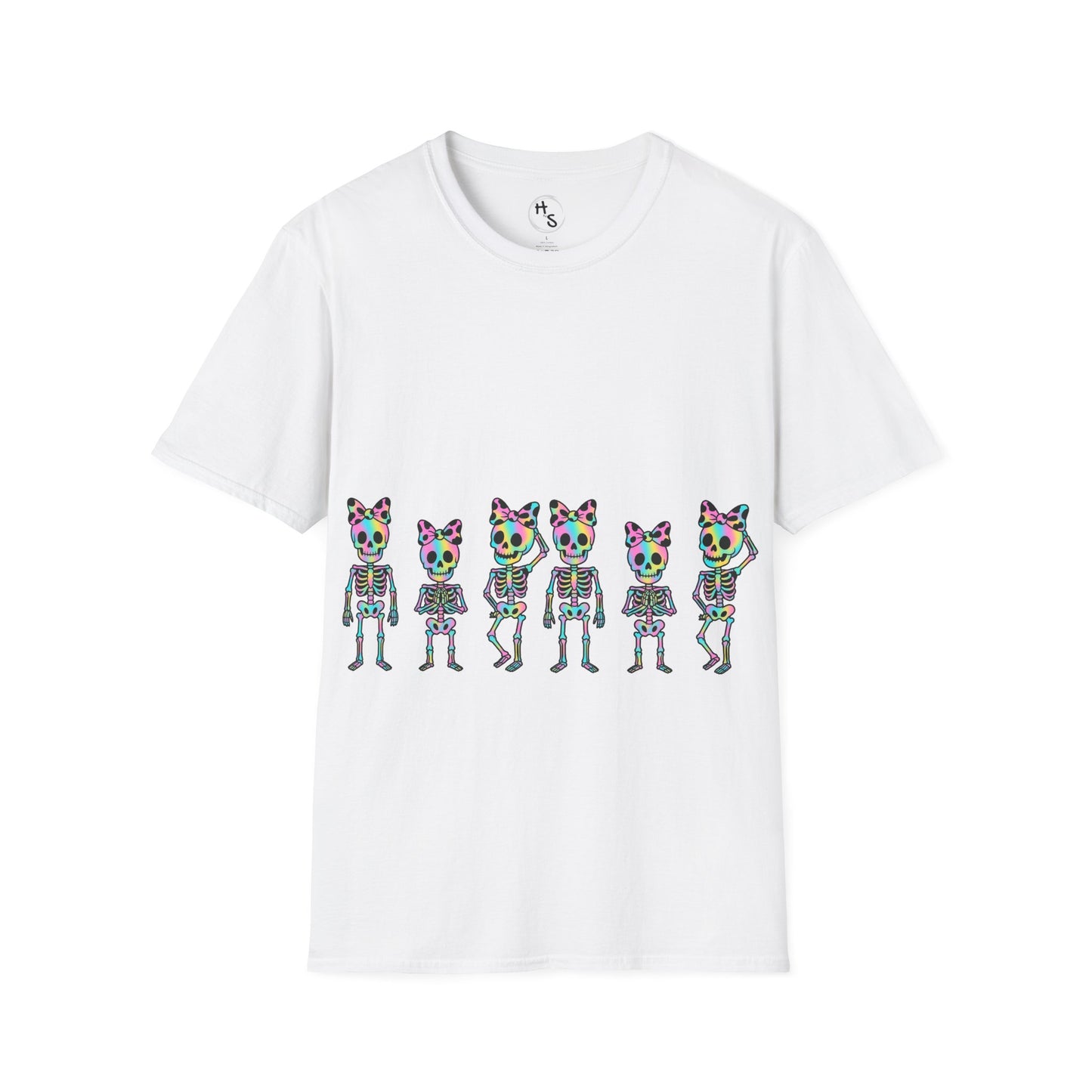 White t-shirt with colorful skeleton design on a white background