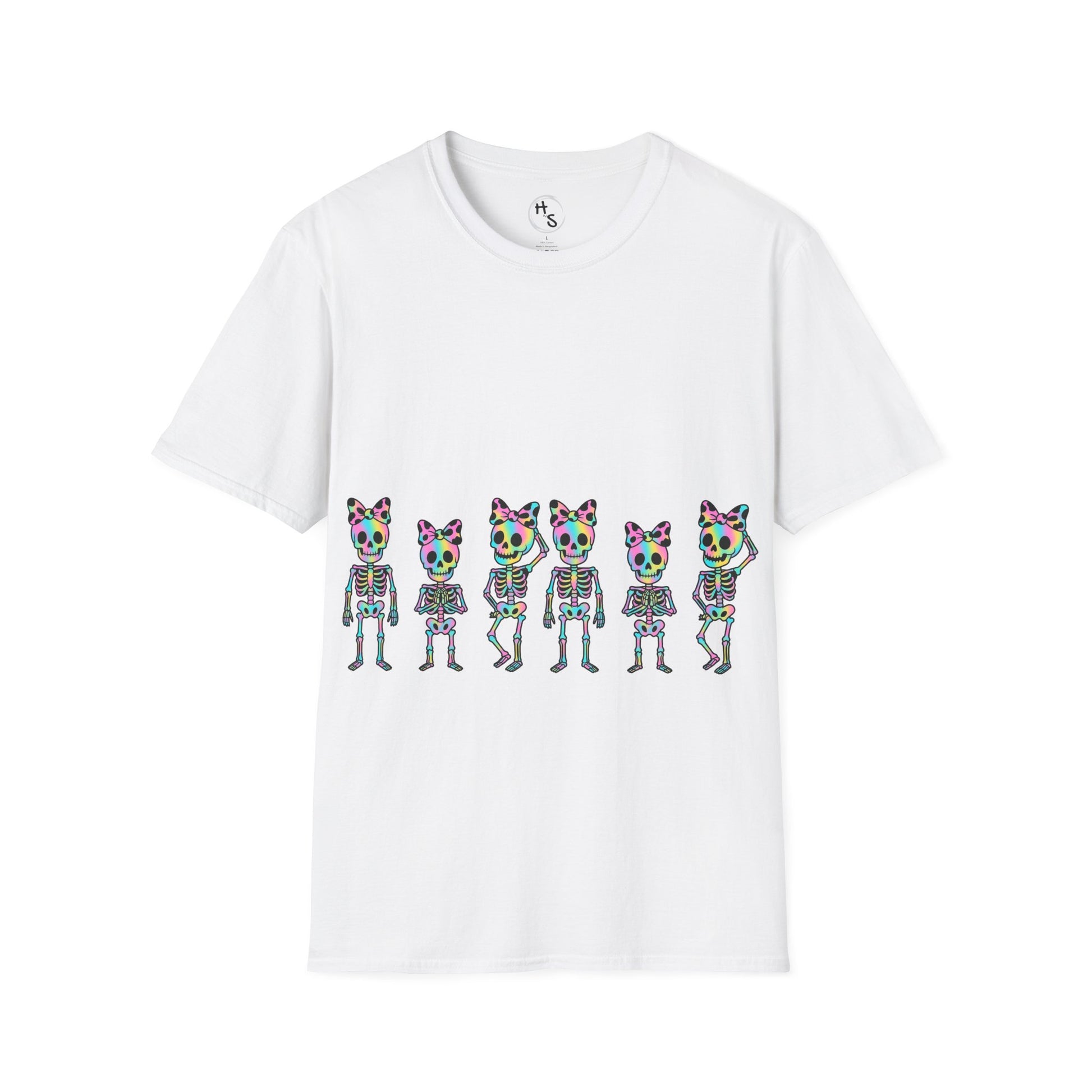 White t-shirt with colorful skeleton design on a white background