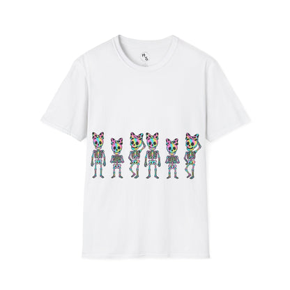 White t-shirt with colorful skeleton design on a white background