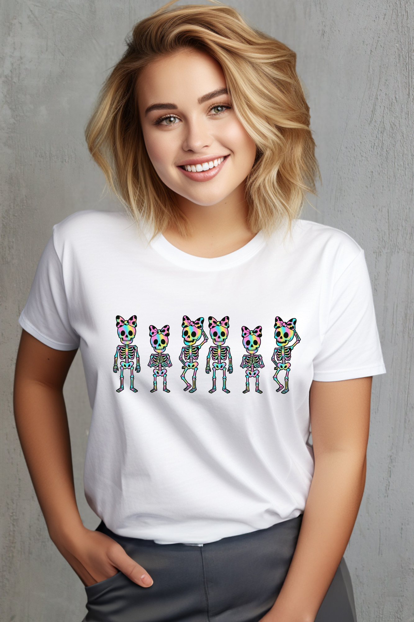 Person wearing a white t-shirt with colorful skeleton illustrations on a white background