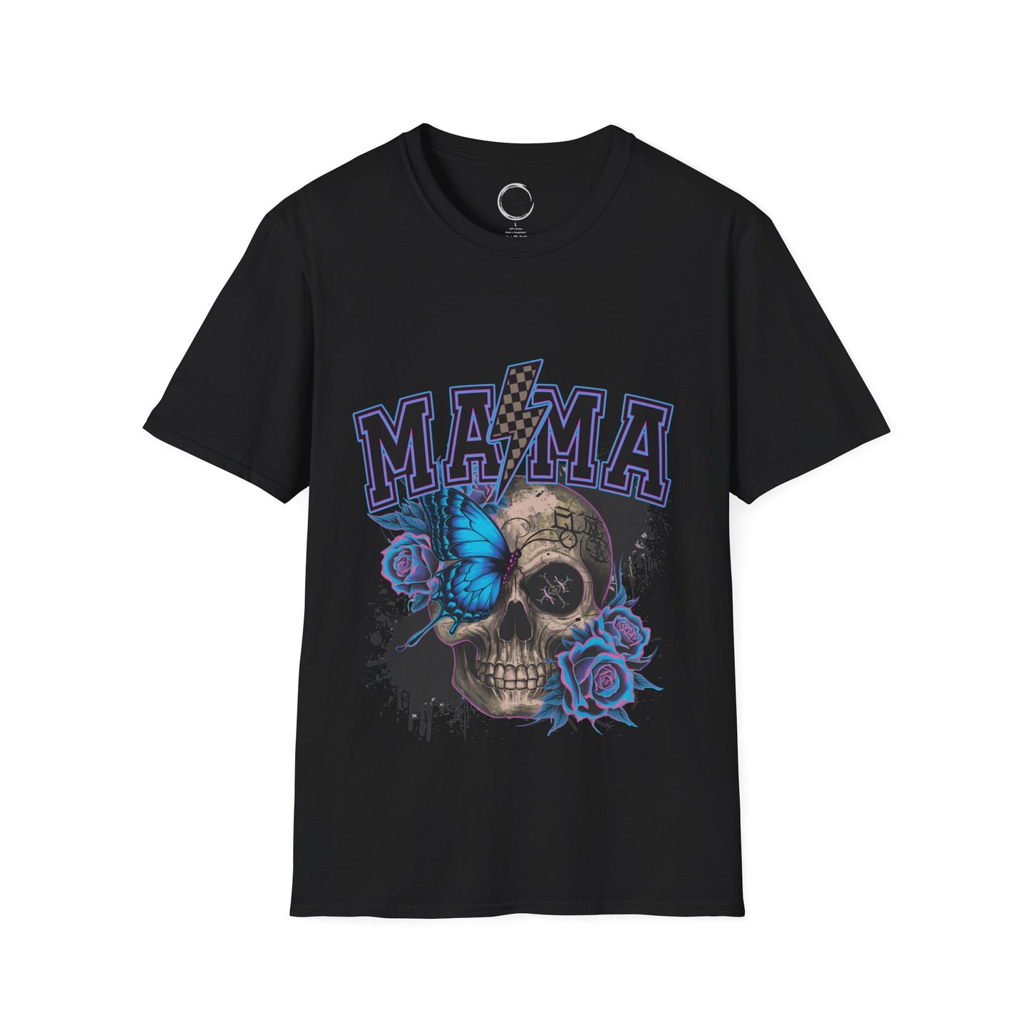 Black t-shirt with skull and floral design featuring the word 'MAMA' on a white background