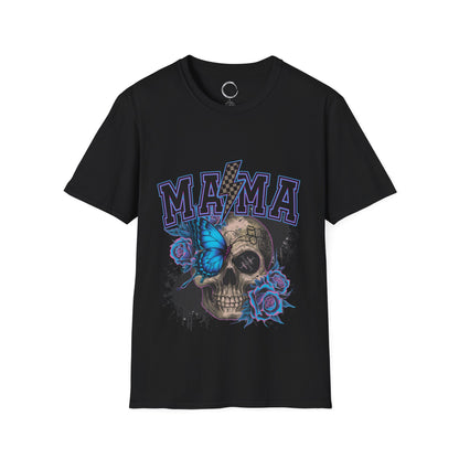 Black t-shirt with skull and floral design featuring the word 'MAMA' on a white background