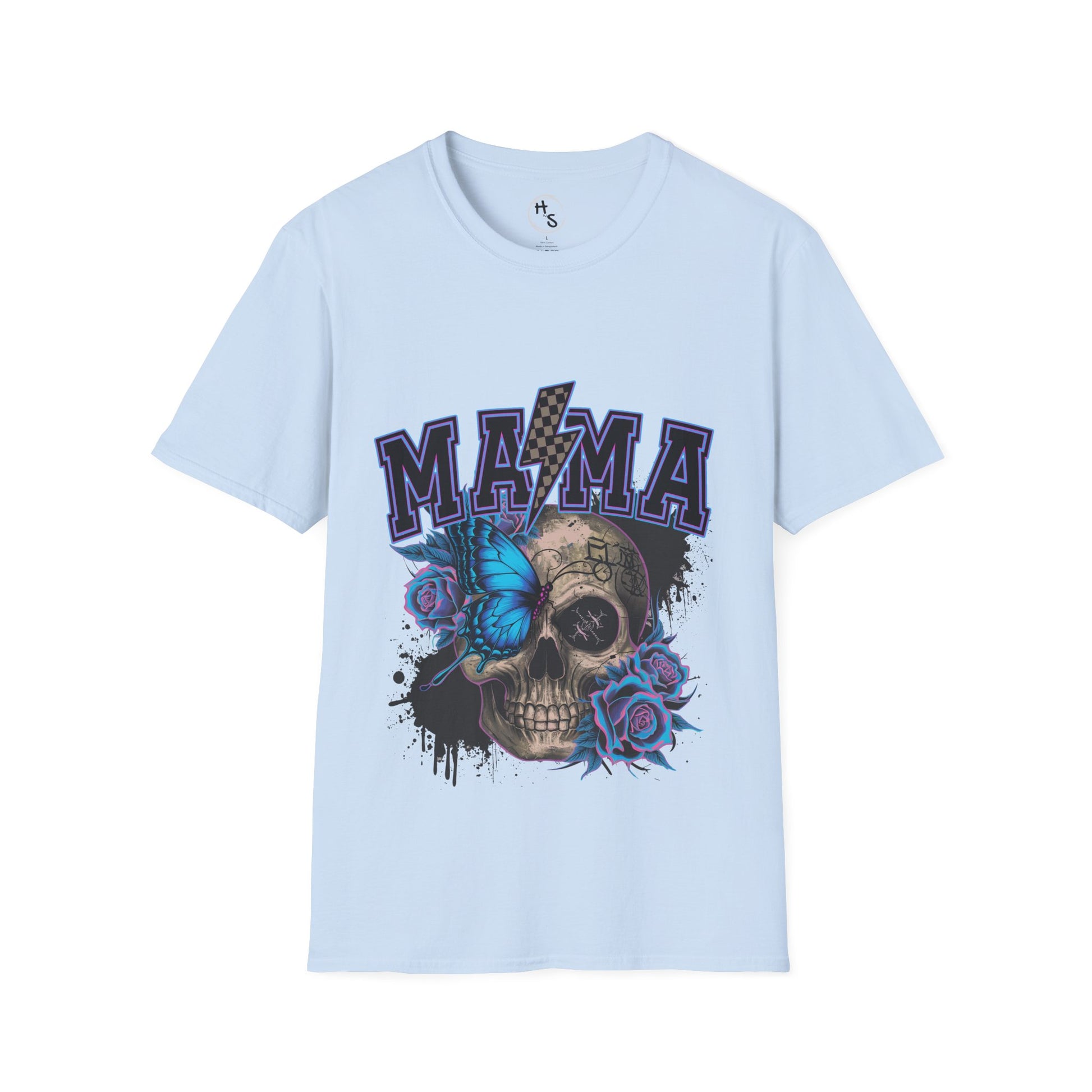 Light blue t-shirt with skull and floral design and 'MAMA' text on a white background
