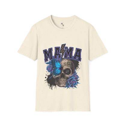 Beige t-shirt with skull and floral design and 'MAMA' text on a white background