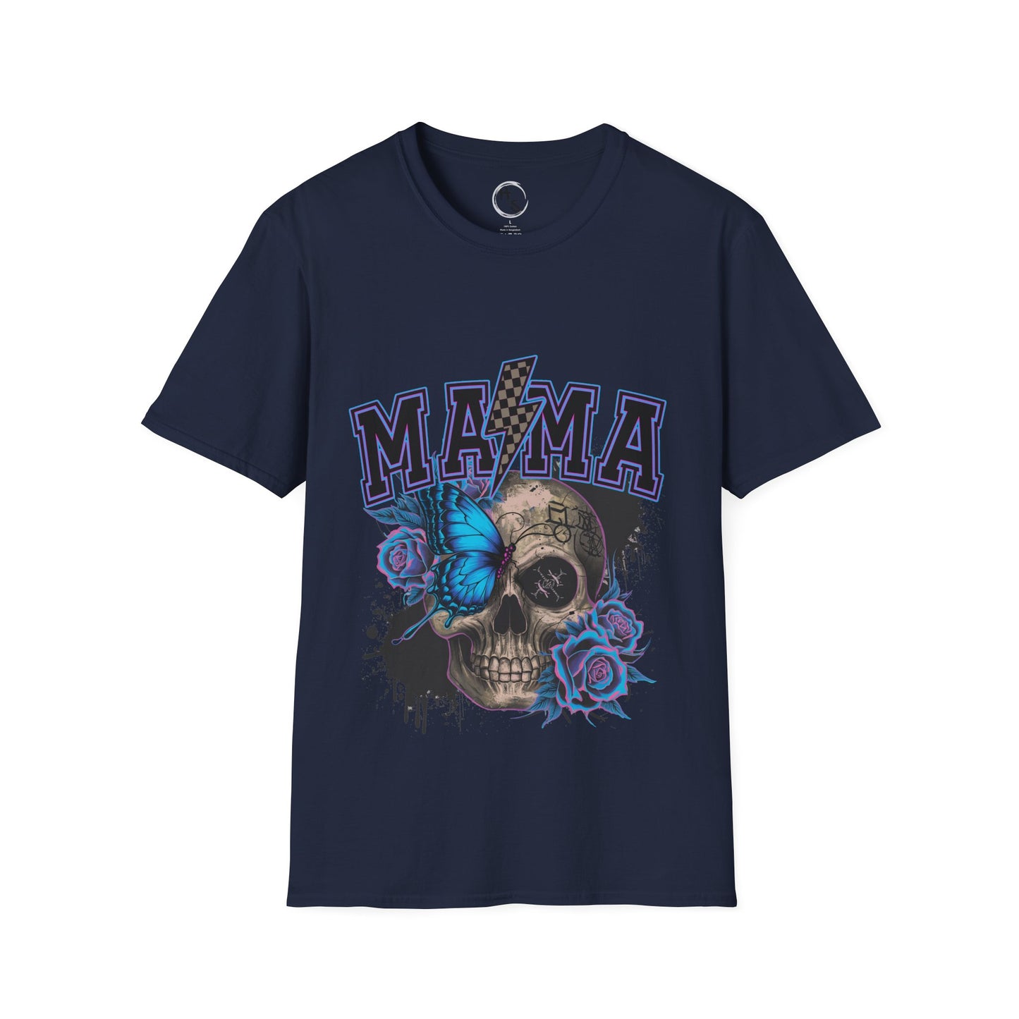 Navy blue t-shirt with skull and floral design featuring the word 'MAMA' on a white background