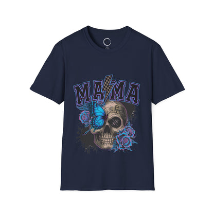 Navy blue t-shirt with skull and floral design featuring the word 'MAMA' on a white background