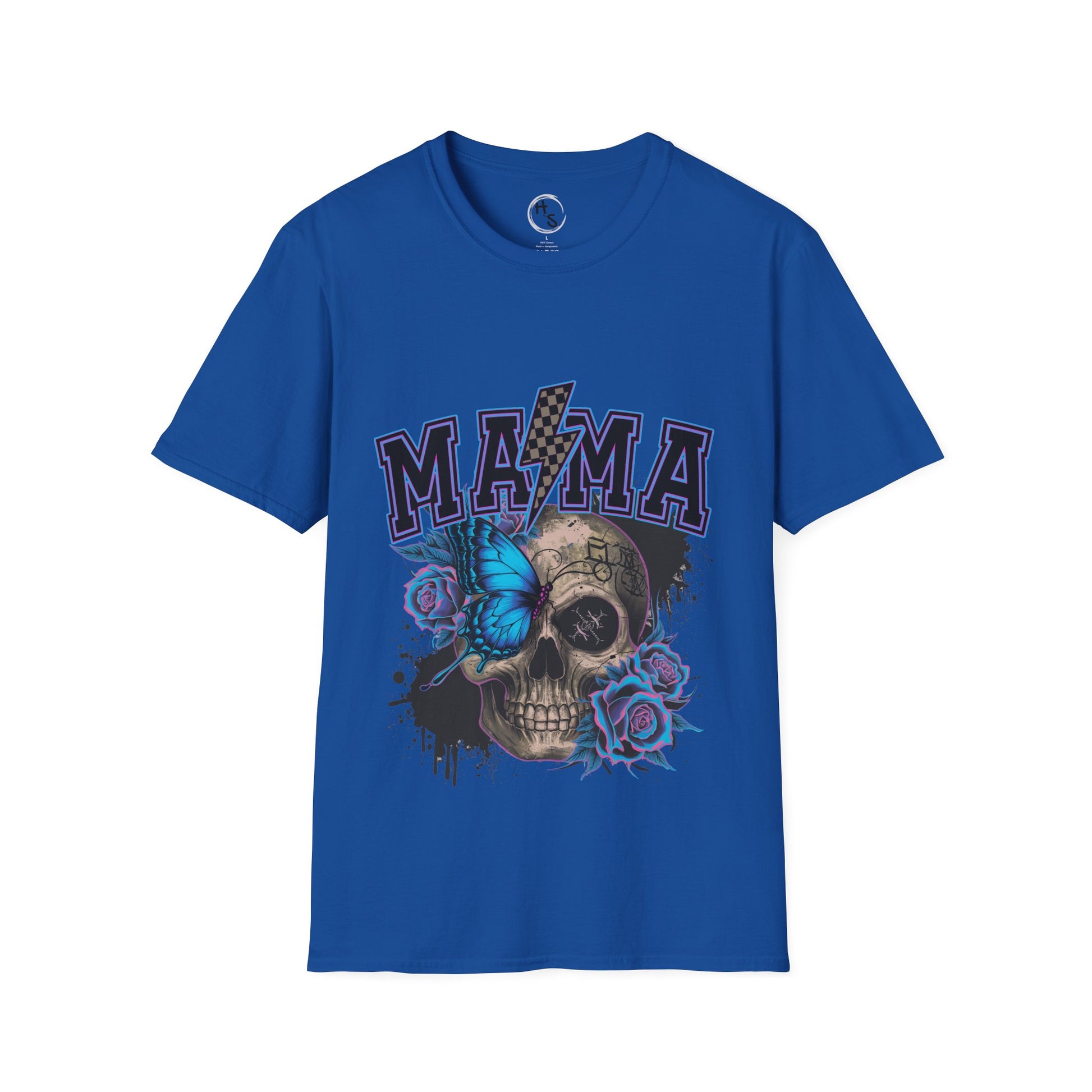 Blue t-shirt with skull and butterfly design on a white background