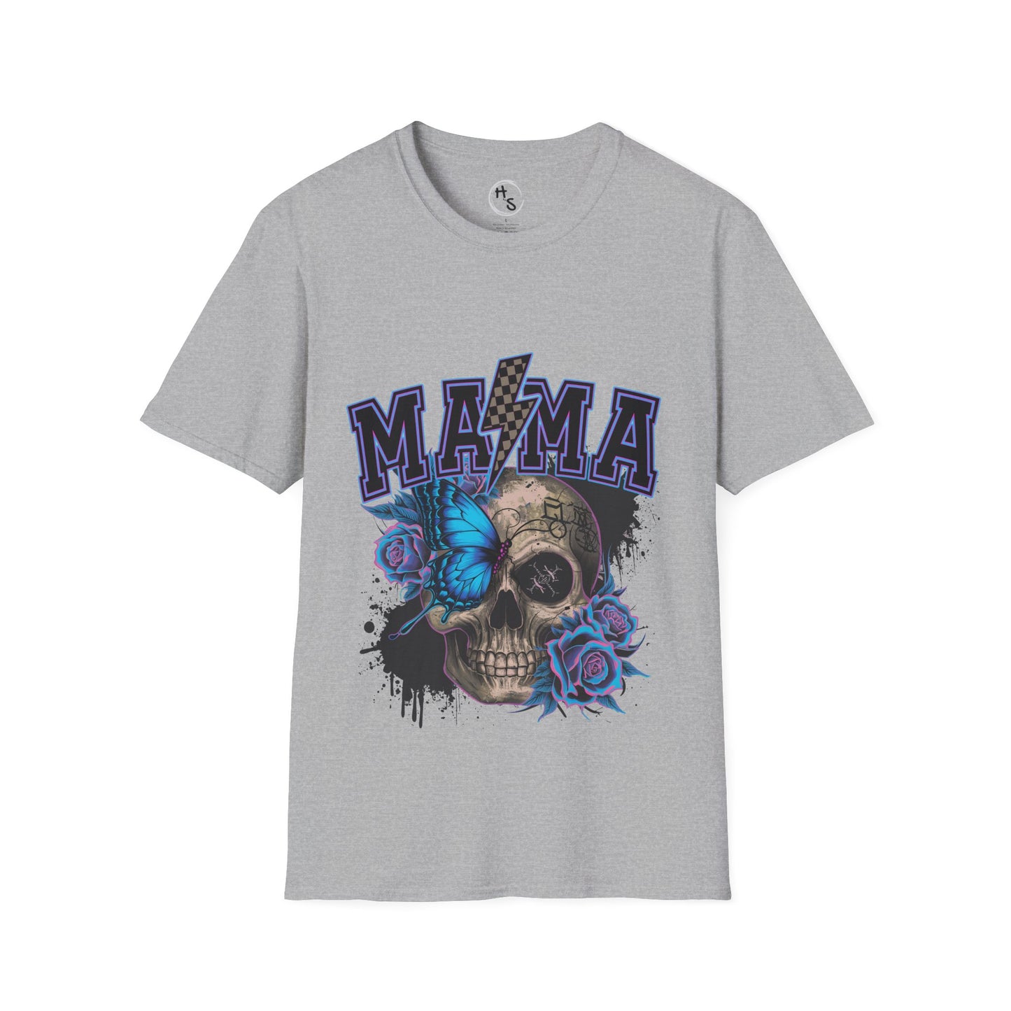 Gray t-shirt with skull and butterfly design on a white background