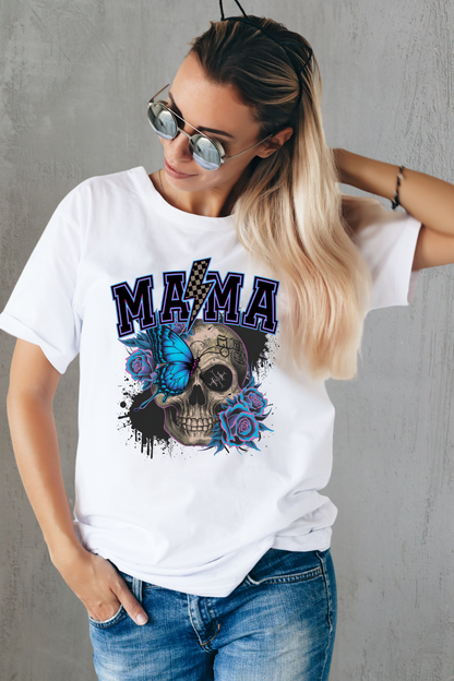 Woman wearing a white t-shirt with a graphic design and text, standing against a gray wall.