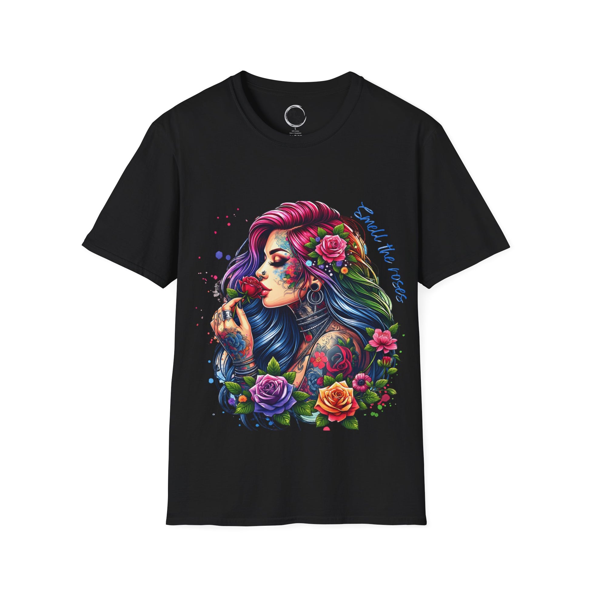 Black t-shirt with a colorful graphic of a woman with tattoos and flowers on a white background