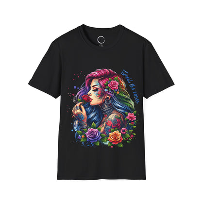 Black t-shirt with a colorful graphic of a woman with tattoos and flowers on a white background