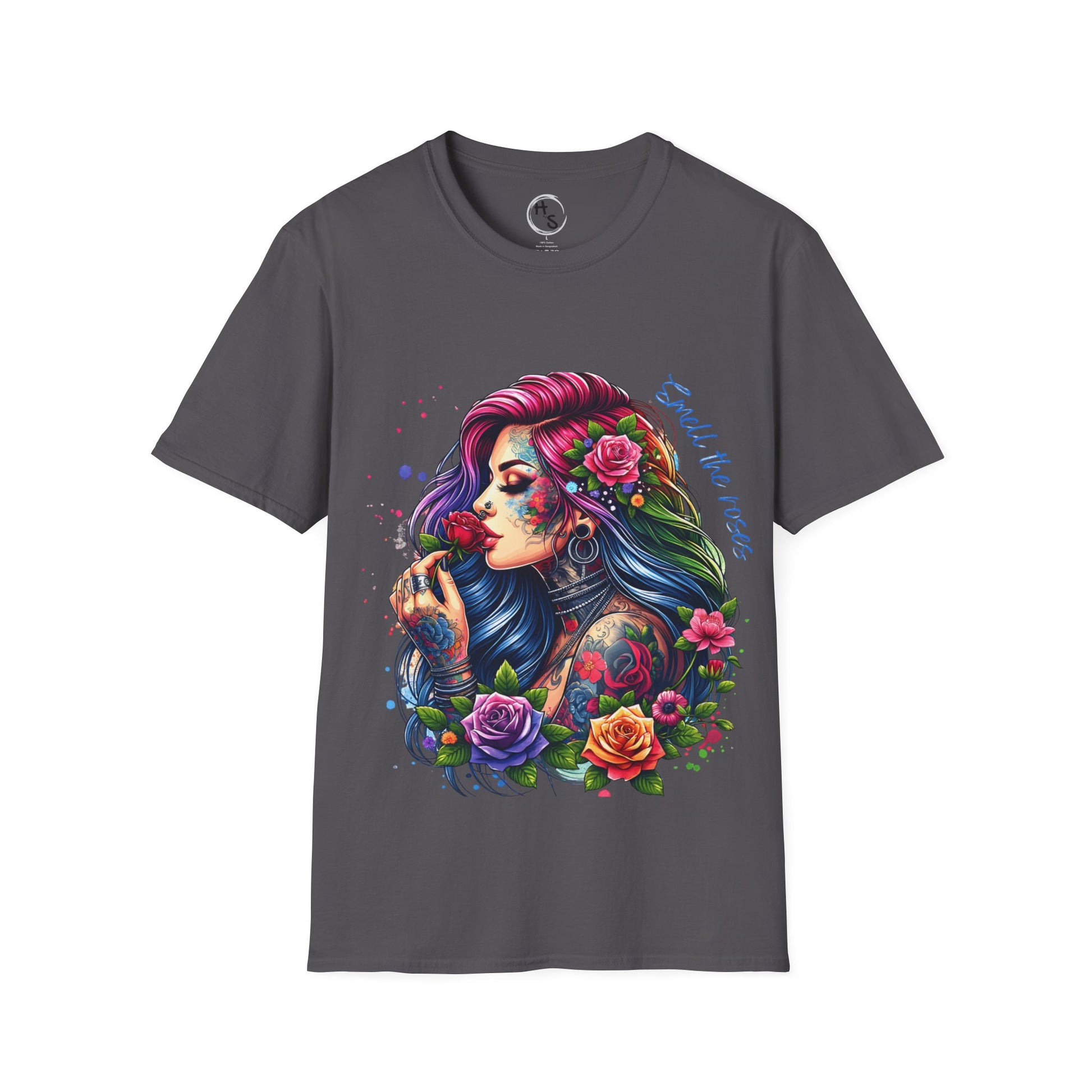 Gray t-shirt with a colorful graphic of a woman with tattoos and flowers on a white background