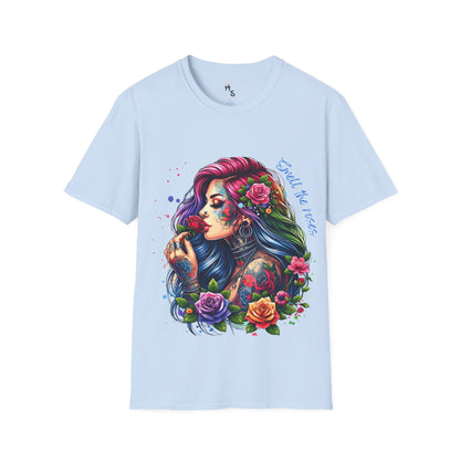 Light blue t-shirt with a colorful graphic of a woman with flowers and tattoos on a white background