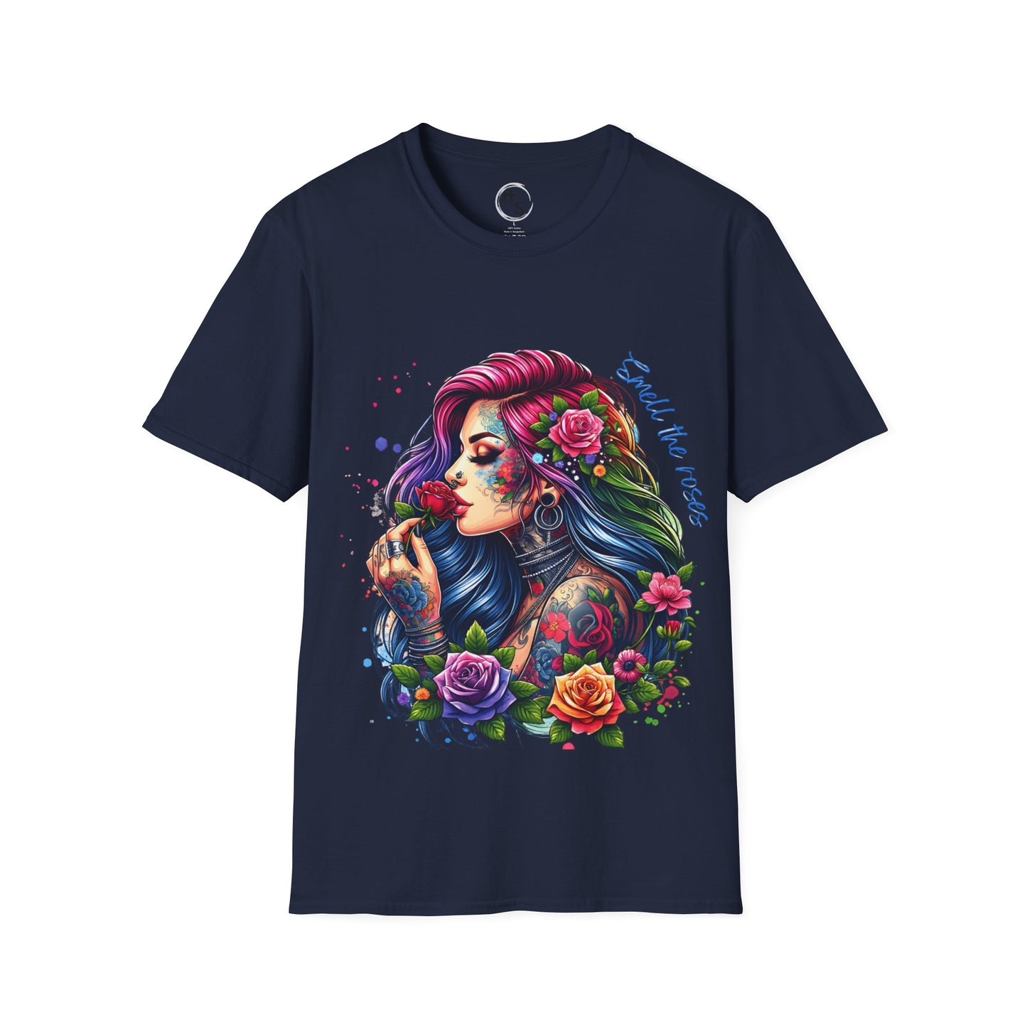 Navy blue t-shirt with a colorful graphic of a woman with tattoos and flowers on a white background