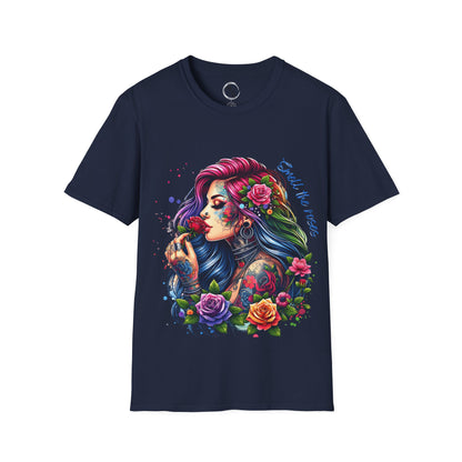 Navy blue t-shirt with a colorful graphic of a woman with tattoos and flowers on a white background